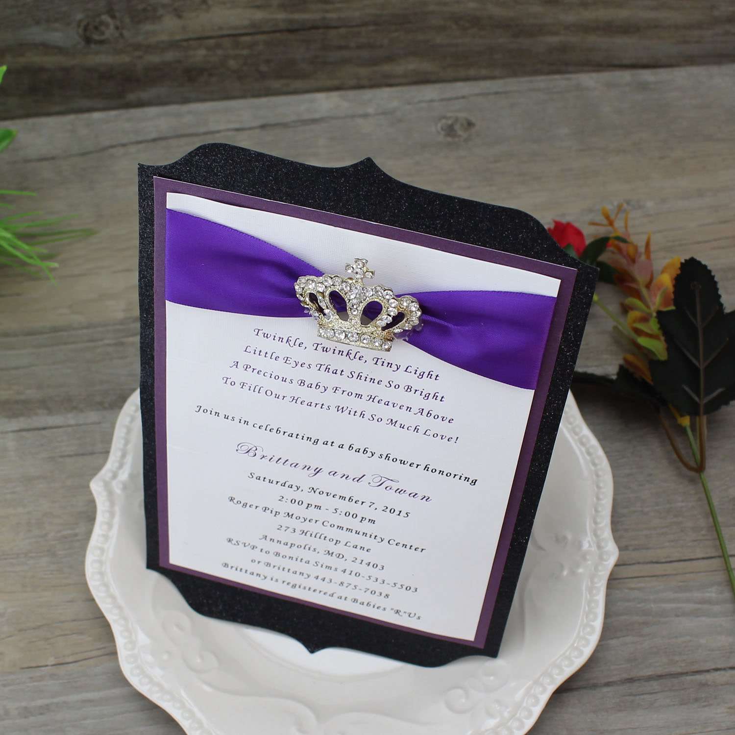 Royal Crown Glitter Black Wedding Invitation Cards